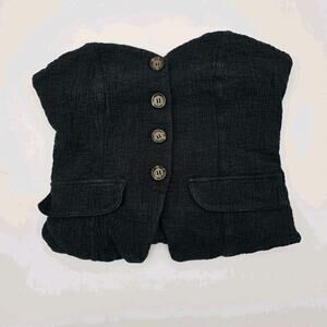Anthropologie Top Womens XXS Black Strapless Button Gauze Pocket Textured